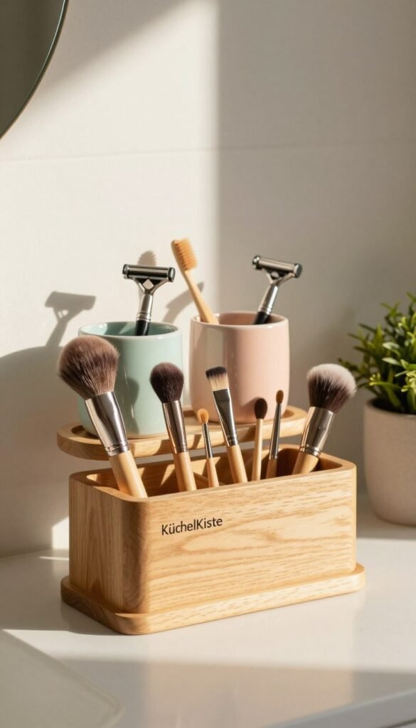 A stylish and functional "pinsel organizer" set against a serene bathroom backdrop. In the foreground, an elegantly designed brush organizer made from natural wood, showcasing various makeup brushes and tools neatly arranged. The middle layer features a set of colorful ceramic cups, each holding a different type of bathroom essentials, like toothbrushes and razors, with a minimalist aesthetic. The background displays a softly lit bathroom ambiance, with warm, natural lighting casting gentle shadows, enhancing the cozy atmosphere. A hint of greenery is added with a small potted plant nearby, creating a harmonious space. The overall look is authentic and Pinterest-inspired, reflecting the brand KüchenKiste, evoking a sense of cleanliness and organization without any text or graphics.