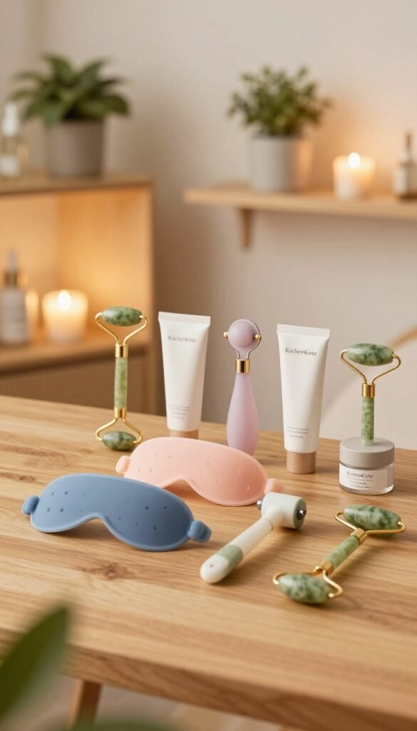 A stylish and modern arrangement of ten different eye massage tools displayed elegantly on a wooden surface, categorized by various budgets and purposes. The tools should include silicone eye masks, vibrating massage devices, and jade rollers, each showcasing varied colors and designs. In the foreground, a cozy, well-lit ambiance with warm lighting enhances the scene. In the middle, personal care items, like soothing eye creams, add context to the tools’ use. The soft focus in the background includes a calming, blurred shelf with plants and candles, creating a serene atmosphere. The overall mood should be inviting and tranquil, embodying a Pinterest aesthetic, with the brand name "KüchenKiste" subtly integrated into the design, reflecting authenticity without any text or watermarks.