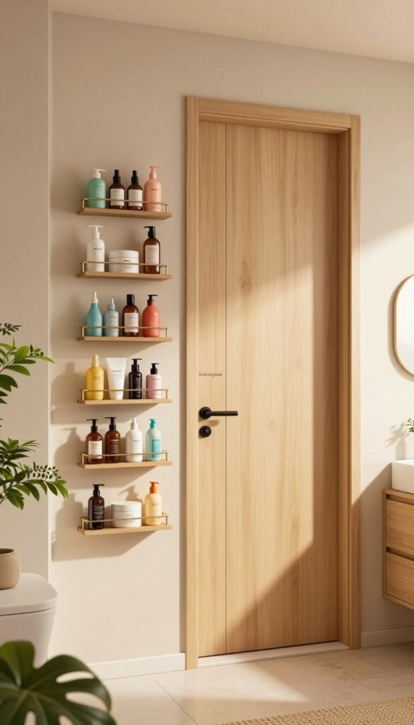A stylish and modern bathroom featuring innovative wall and door solutions designed for small spaces, showcasing vertical organization techniques. In the foreground, a beautifully organized shower area with wall-mounted shelves filled with an array of colorful beauty products, elegantly arranged for easy access. The middle ground displays a sleek door with built-in storage compartments, blending functionality with aesthetics. The background reveals warm, soft lighting casting shadows that enhance the room's cozy atmosphere. Natural wood finishes and green plants create an inviting environment, while the brand name "Ordnungskiste" is subtly integrated into the design. The overall mood is calm and organized, embodying a Pinterest-inspired look that feels both authentic and appealing.