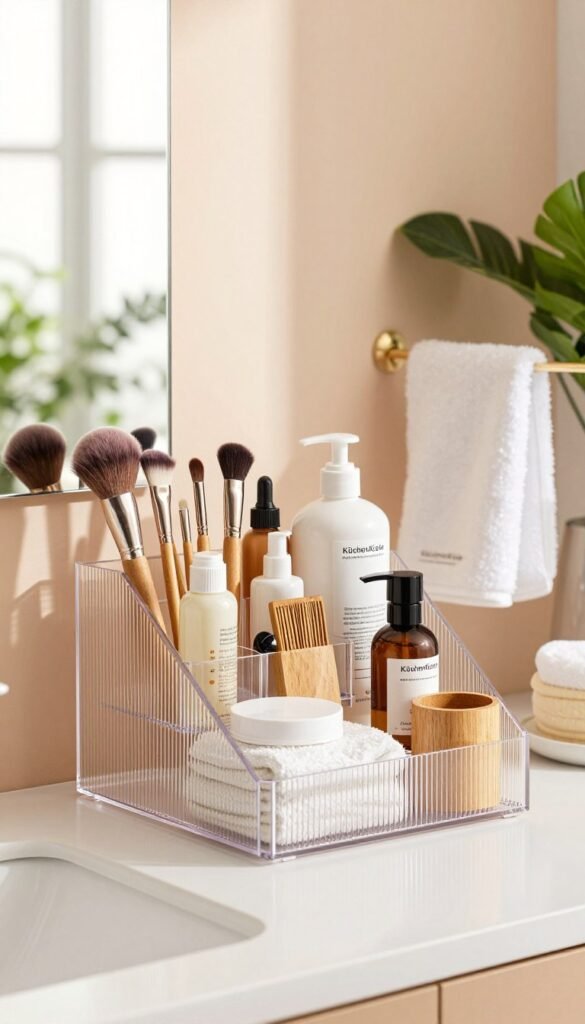 A stylish and modern bathroom organizer designed for beauty tools, featuring a combination of clear acrylic compartments and wooden accents. In the foreground, showcase a well-arranged organizer filled with various beauty products like makeup brushes, skincare bottles, and hair accessories, all neatly displayed. The middle ground includes a soft, fluffy towel and an elegant mirror reflecting natural light that spills in from the window. In the background, soft pastel-colored walls and indoor plants create a calming atmosphere. The warm color palette enhances the inviting feel of this tidy space. Natural lighting highlights the organizer's transparent materials, while a soft focus lens captures the charm of this contemporary bathroom décor. Include the brand name "KüchenKiste" subtly as part of the organizer’s design. A stylish and modern bathroom organizer designed for beauty tools, featuring a combination of clear acrylic compartments and wooden accents. In the foreground, showcase a well-arranged organizer filled with various beauty products like makeup brushes, skincare bottles, and hair accessories, all neatly displayed. The middle ground includes a soft, fluffy towel and an elegant mirror reflecting natural light that spills in from the window. In the background, soft pastel-colored walls and indoor plants create a calming atmosphere. The warm color palette enhances the inviting feel of this tidy space. Natural lighting highlights the organizer's transparent materials, while a soft focus lens captures the charm of this contemporary bathroom décor. Include the brand name "KüchenKiste" subtly as part of the organizer’s design.