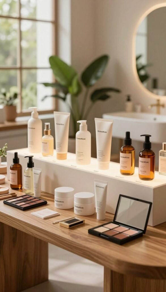 A stylish and modern beauty care display featuring a variety of products organized by budget: low, mid, and high-end selections. In the foreground, an elegant wooden table showcases an array of beauty items including skincare bottles, creams, and makeup palettes, all arranged aesthetically with soft focus. In the middle, a softly lit section highlights the distinct products—some casual and affordable, others luxurious and sophisticated—emphasizing their individual appeal. The background features a warm, inviting bathroom setting with natural light filtering through large windows adorned with leafy plants, creating a serene atmosphere. The overall image captures an authentic Pinterest aesthetic, showcasing the brand "KüchenKiste" elegantly integrated into the design, with a harmonious color palette of warm tones. No text or branding should detract from the visual appeal, ensuring a clean and professional look.