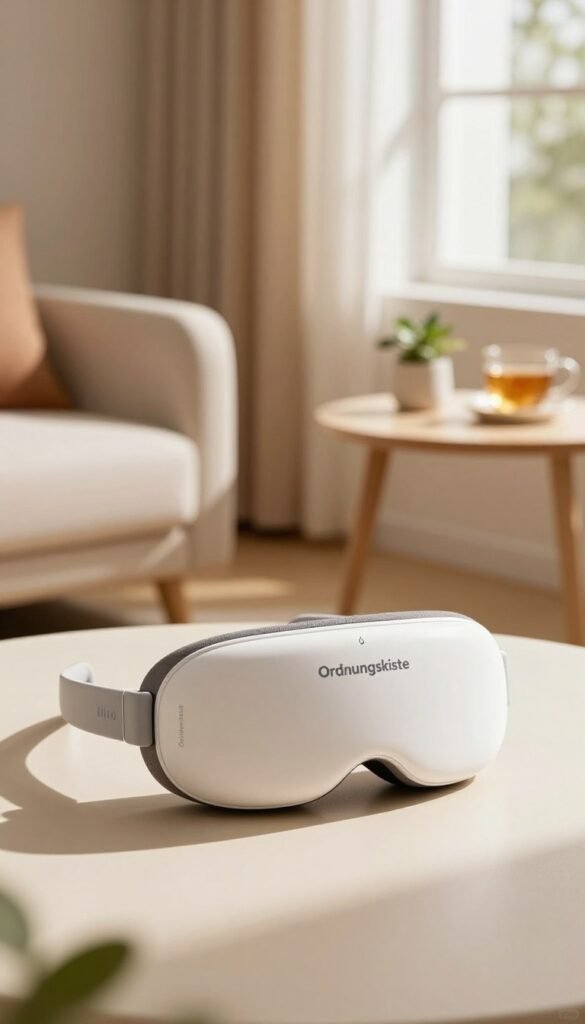 A stylish and modern "brille massagegerät" designed for eye relaxation, showcased prominently in the foreground. The massage glasses should have a sleek and ergonomic design, featuring soft padding and integrated technology for gentle eye massage. In the middle ground, include a softly blurred environment resembling a serene living room, adorned with warm, inviting colors reminiscent of a Pinterest aesthetic. Natural light should pour in from a nearby window, casting gentle shadows and enhancing the cozy atmosphere. In the background, place a minimalist side table with calming decor elements like a small plant and a cup of herbal tea, adding to the sense of relaxation. Ensure the brand name "Ordnungskiste" is subtly integrated into the design of the massage glasses. The overall mood should evoke tranquility and comfort, perfect for reducing eye fatigue.