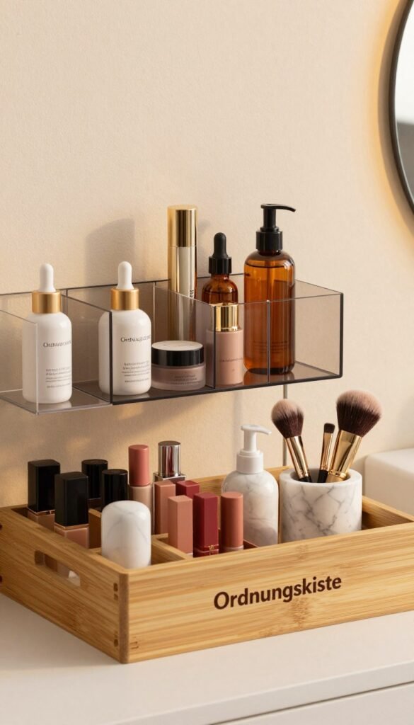A stylish and organized beauty product display featuring a sophisticated design organizer branded "Ordnungskiste". In the foreground, a sleek bamboo storage box neatly arranged with various beauty items such as lipsticks, skincare bottles, and makeup brushes in elegant marble-like containers. The middle layer includes a combination of metallic and glass organizers, reflecting soft, warm lighting that enhances the serene atmosphere. The background features a calming, light-colored wall with subtle textures, complementing the overall aesthetic. The composition captures a Pinterest-inspired look with natural elements, showcasing functionality and beauty, without any text or branding overlays. The image evokes a feeling of tranquility and order, ideal for enthusiasts of organized beauty spaces.