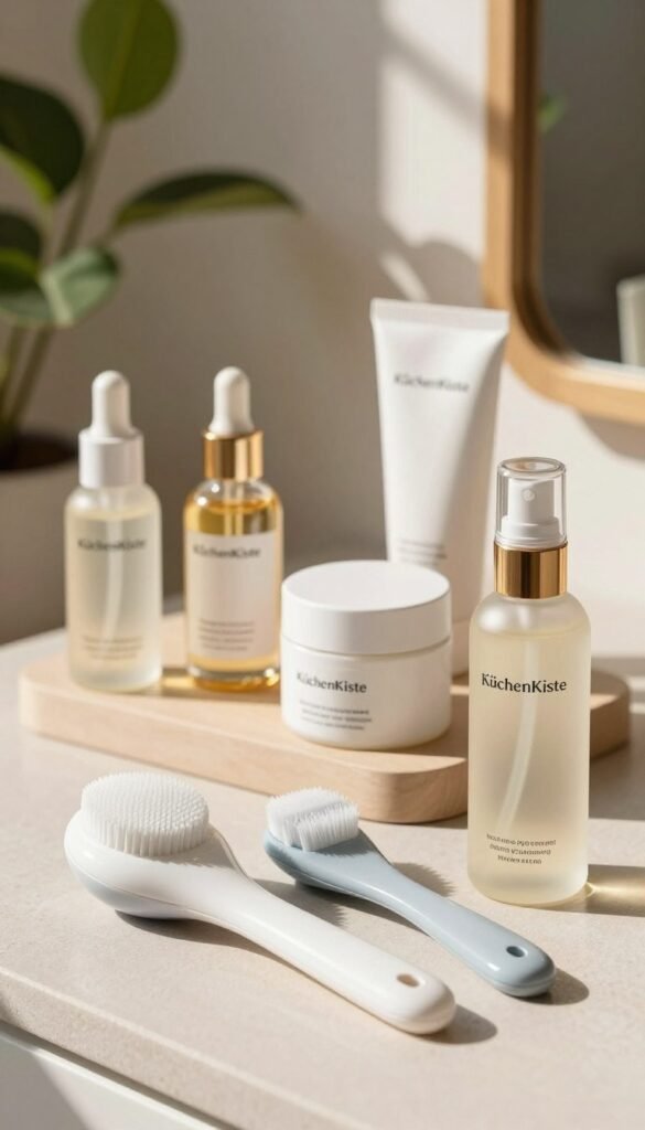 A stylish and organized beauty tool display featuring a variety of essential devices that complement each other. In the foreground, showcase a sleek facial cleansing brush, a gentle exfoliating tool, and a radiant facial mist, all elegantly arranged on a soft, textured surface. In the middle, include sophisticated serums and creams housed in minimalist packaging, emphasizing their harmonious design. The background features a softly blurred, sunlit room with green plants and wooden accents, creating a warm and inviting atmosphere. Use natural lighting to highlight the glossy textures and colors of the products, creating a Pinterest-worthy aesthetic. Ensure the image reflects authenticity and professionalism, embodying the brand "KüchenKiste". No text, watermarks, or overlays should be present in the image.