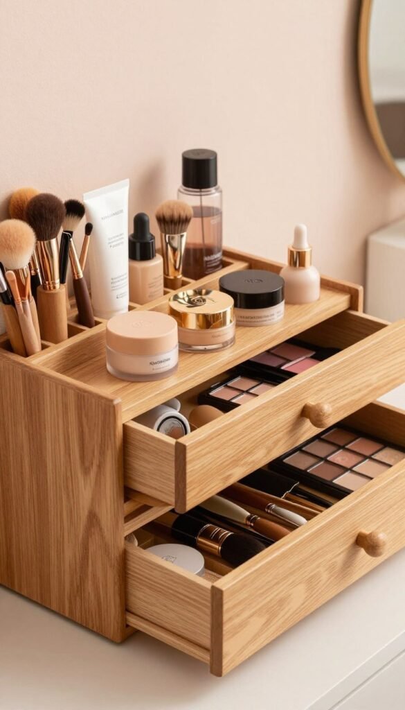 A stylish and organized beauty tool storage solution by KüchenKiste, featuring a modern wooden drawer unit with sleek compartments for brushes, palettes, and skincare products. In the foreground, an elegant arrangement of various beauty tools, each neatly placed in their designated section. The middle ground shows the drawer unit with warm, inviting lighting highlighting the natural wood grain, creating a cozy atmosphere. The background consists of soft pastel colors, enhancing the aesthetic appeal while maintaining focus on the storage unit. The image captures a Pinterest-inspired vibe, showcasing an authentic, clutter-free space that radiates professionalism and charm, perfect for a beauty enthusiast's collection.