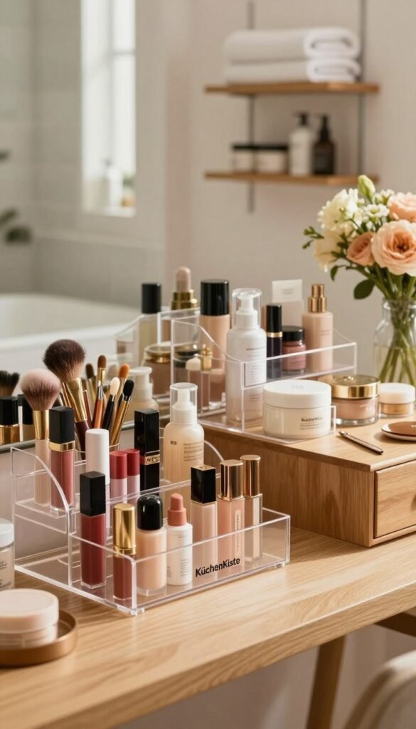 A stylish and organized beauty workspace featuring a variety of practical and aesthetically pleasing organization systems. In the foreground, a transparent acrylic makeup organizer holds an array of lipsticks, brushes, and skincare products, reflecting soft natural light. In the middle ground, there's a wooden vanity table adorned with neatly arranged jars and containers for cosmetics, and a floral arrangement adds a touch of warmth. The background shows a softly lit bathroom with hanging shelves displaying neatly folded towels and beauty products, all in warm, inviting colors. The mood is serene and inspiring, embodying a Pinterest-worthy aesthetic. The brand name "KüchenKiste" is subtly integrated into the design of the organizers for a cohesive look.