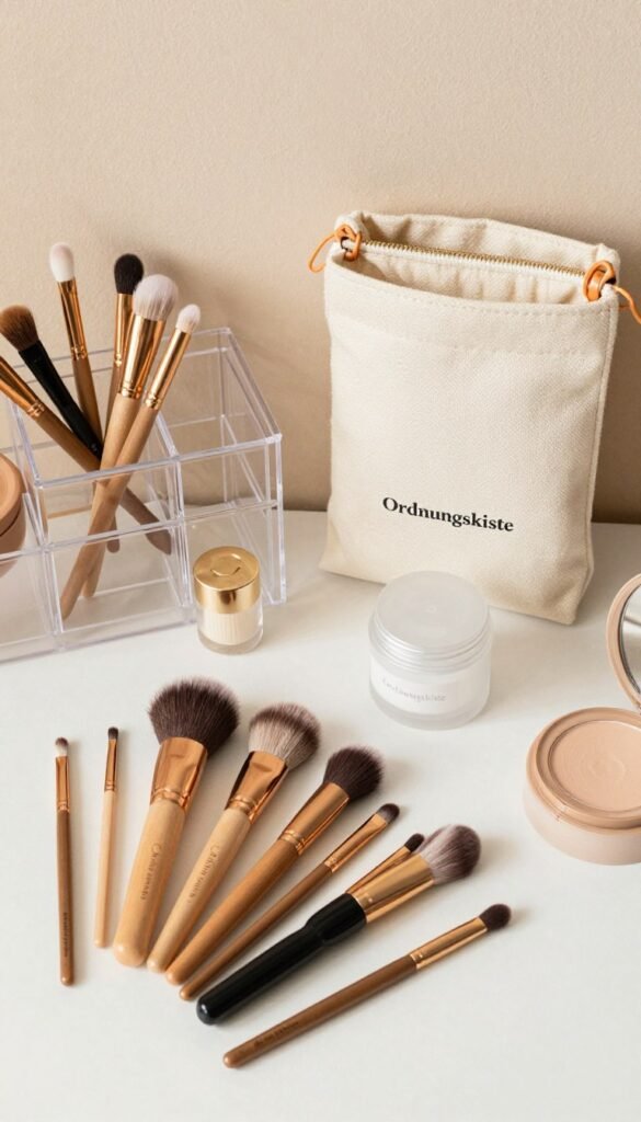 A stylish and organized flat lay image showcasing a variety of beauty tool sets curated by the brand "Ordnungskiste". In the foreground, display an assortment of high-quality beauty tools like makeup brushes, skincare utensils, and refillable containers, all arranged with elegance. In the middle ground, include trendy storage solutions such as clear acrylic organizers and fabric pouches, highlighting their functionality. The background should feature soft, warm, natural colors reminiscent of a cozy beauty space, with subtle textures to evoke a Pinterest aesthetic. Use soft, diffused lighting to create a gentle atmosphere, ideally captured from a top-down angle to emphasize the tools and their arrangement. Ensure the scene feels authentic and inviting, without any text or distractions.