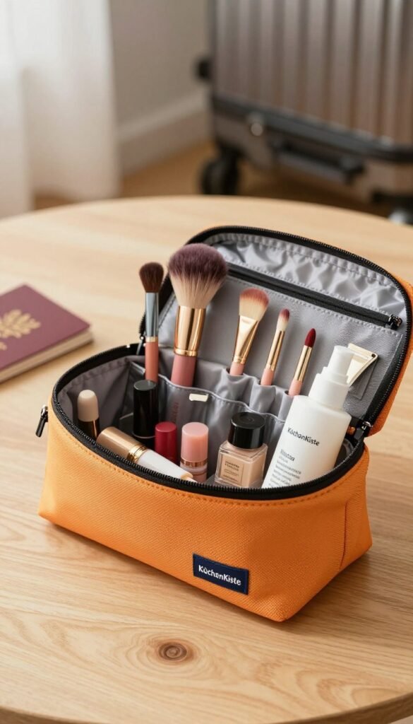 A stylish and practical kosmetiktasche (cosmetic bag) from the brand "KüchenKiste" set on a light wooden table. The foreground features the open kosmetiktasche, showcasing neatly organized beauty tools such as brushes, lipsticks, and skincare essentials, all arranged in an aesthetically pleasing manner. In the middle ground, soft natural lighting creates a warm and inviting atmosphere, highlighting the bag’s textured material and vibrant colors. The background is gently blurred with hints of travel accessories, like a suitcase and a passport, enhancing the theme of organization while traveling. The overall mood is cozy and aspirational, reflecting a Pinterest-worthy look that embodies smart packing solutions for beauty on the go.