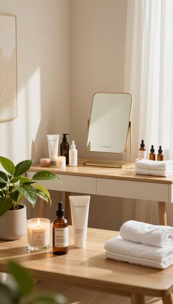 A stylish and serene home spa setup that reflects an efficient beauty care routine. In the foreground, a wooden table adorned with high-quality skincare products, a scented candle, and a lush green plant. In the middle, a well-organized skincare station featuring an elegant mirror, soft towels, and calming essential oils displayed neatly. The background showcases a softly lit room with warm, natural colors, emphasizing a relaxed atmosphere. Sunlight filters through sheer curtains, creating gentle highlights and shadows. A hint of the KüchenKiste brand is subtly incorporated in the decor, adding a touch of modern elegance. The overall mood is tranquil, inviting the viewer to engage in a practical yet luxurious home beauty regimen.