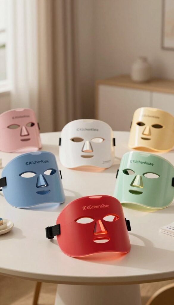 A stylish and visually appealing product comparison display featuring multiple LED light therapy masks arranged on a sleek, modern table. In the foreground, a few masks are prominently placed, showcasing their distinct shapes and colors—one in soothing blue, another in vibrant red, and a third in soft green. The middle ground includes slightly blurred images of additional masks in subtle pastels, creating a sense of depth and variety. The background consists of a tastefully lit room with soft, natural lighting, enhancing the warm color palette and creating a cozy, inviting atmosphere. The brand logo "KüchenKiste" is subtly integrated into the image, conveying a professional yet friendly vibe. Overall, the composition should reflect authenticity and style, suitable for a comparison article.