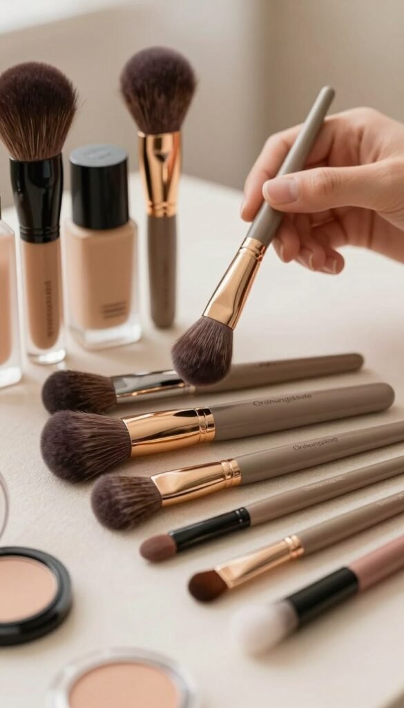 A stylish arrangement of a selection of makeup brushes from the brand "Ordnungskiste" displayed on a soft, textured surface. In the foreground, focus on a variety of brush sizes and shapes, including foundation, eyeshadow, and lip brushes, showcasing their unique bristle textures and materials. The middle ground features an elegant hand, delicately holding a brush, emphasizing the importance of tool selection. The background should include soft, warm lighting that creates an inviting, cozy atmosphere, enhancing the authenticity of the scene. Use a shallow depth of field to blur the background slightly, allowing the brushes to stand out in soft focus. Aim for a natural aesthetic with a Pinterest-worthy look, highlighting the beauty and functionality of the tools without any text or overlays.