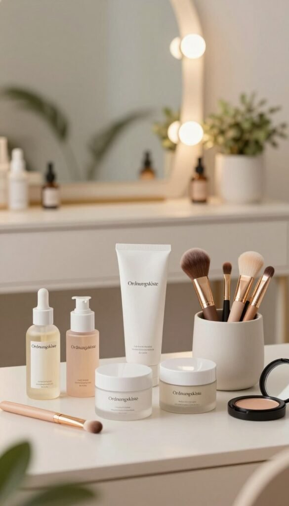 A stylish arrangement of beauty products showcasing the brand "Ordnungskiste" in a visually appealing, natural setting. In the foreground, display a variety of organized skincare and makeup items, including serums, creams, and brushes neatly arranged in elegant containers. The middle ground features a beautifully designed vanity with a mirror reflecting soft, warm lighting, adding to the serene atmosphere. In the background, blurred greenery or a cozy room setting enhances the Pinterest-inspired aesthetic. The overall mood is calm and inviting, with an emphasis on simplicity and efficiency in beauty routines. Use neutral and pastel color tones to create a harmonious feel, ensuring a clean and professional look for the article.