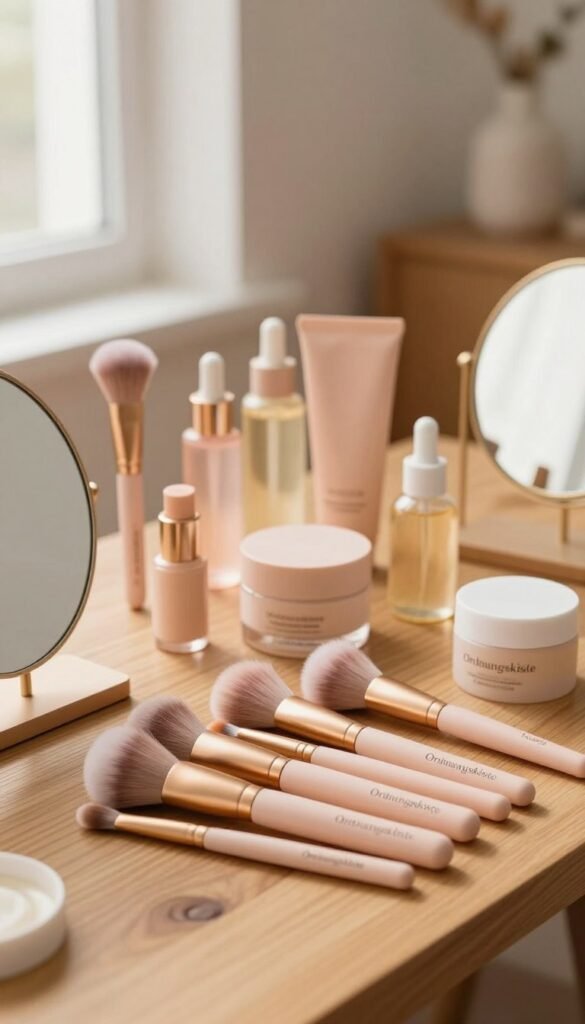 A stylish arrangement of beauty tool sets displayed on a wooden table, featuring a variety of high-quality tools like makeup brushes, skincare applicators, and grooming instruments from the brand "Ordnungskiste". In the foreground, focus on a delicate makeup brush set with soft, fluffy bristles, elegantly placed beside a minimalist mirror. The middle ground showcases an assortment of skincare items, including creams and oils, all harmonized in warm pastel colors. The background features a cozy, softly lit room with gentle, natural light streaming through a window, creating a serene atmosphere reminiscent of a Pinterest aesthetic. The overall mood is inviting and tranquil, emphasizing the allure of beauty tools for a refined grooming experience.