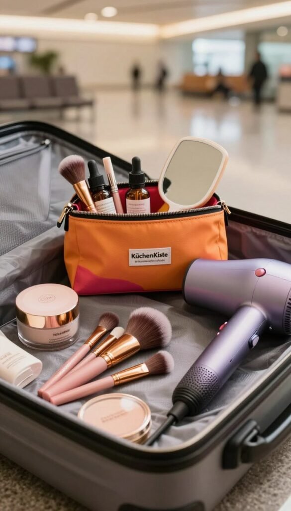 A stylish assortment of travel beauty tools placed beautifully within an open piece of hand luggage, showcasing a harmonious arrangement. The foreground features an elegant makeup brush set, a compact skincare container, and a travel-size hairdryer. The middle contains a vibrant travel pouch branded with "KüchenKiste," filled with serum bottles and a small mirror. The background hints at a soft, blurred airport lounge with warm ambient lighting casting a welcoming glow on the items. The scene embodies a Pinterest aesthetic, harmonizing natural colors with an inviting atmosphere. Capture the image from a slightly elevated angle to emphasize the tools and luggage layout, ensuring a professional yet aspirational feel that resonates with travel enthusiasts.