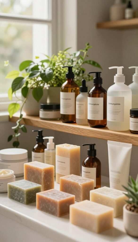 A stylish bathroom scene focusing on promoting less waste, showcasing eco-friendly beauty products. In the foreground, a beautifully arranged display of solid beauty bars, refillable containers, and larger product units elegantly crafted from sustainable materials. The middle ground features a wooden shelf adorned with artisanal, eco-conscious bottles marked with the brand "Ordnungskiste," surrounded by lush green plants, emphasizing a natural aesthetic. The background includes a soft-focus view of a sunlit window, casting warm, inviting light across the space. The overall mood is serene and calming, highlighting sustainability and mindfulness in personal care. Capture this scene with a realistic lens angle to enhance the Pinterest-like, authentic feel of the moment, avoiding any text or watermarks.