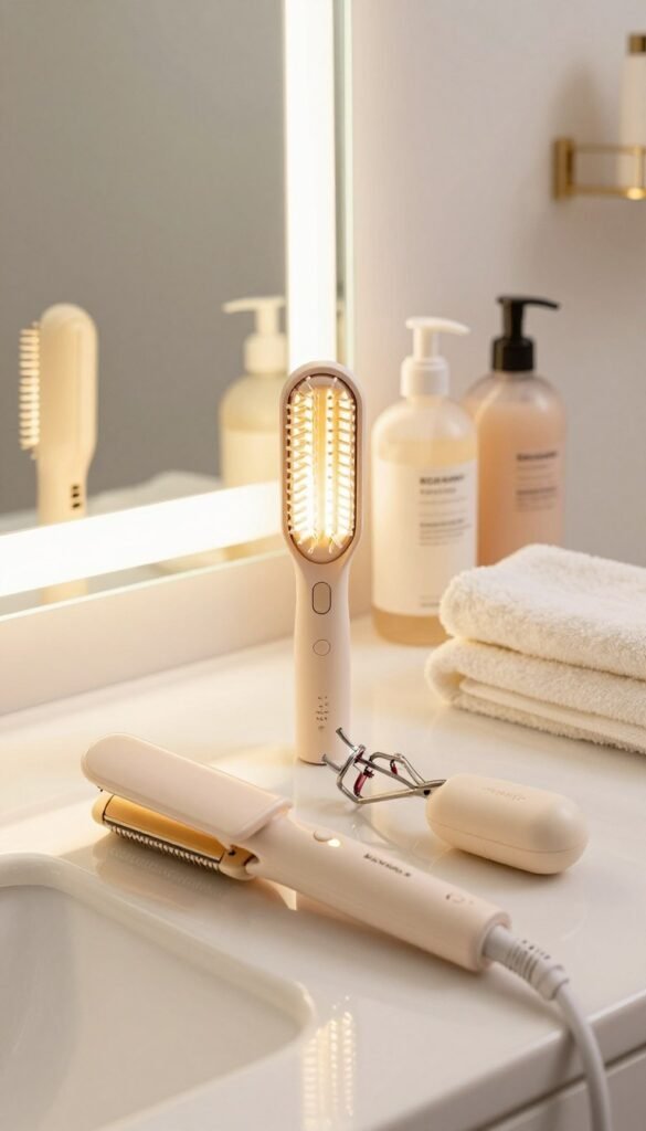 A stylish bathroom setting showcasing a collection of high-quality heat-based beauty tools by KüchenKiste. In the foreground, neatly arranged tools include a ceramic hair straightener, a curling wand, and a heated eyelash curler with soft, glowing lights emanating from them. In the middle, a bright vanity mirror reflects warm, natural lighting creating a cozy ambiance. The background features elegant toiletries and a plush towel, all in soothing pastel colors, enhancing the Pinterest-inspired aesthetic. The overall mood is serene yet sophisticated, inviting the viewer to explore the potential challenges of using heat in beauty routines, while the warm tones evoke comfort and elegance. Capture the image at a slight angle to create depth, emphasizing the textures of the tools and setting. A stylish bathroom setting showcasing a collection of high-quality heat-based beauty tools by KüchenKiste. In the foreground, neatly arranged tools include a ceramic hair straightener, a curling wand, and a heated eyelash curler with soft, glowing lights emanating from them. In the middle, a bright vanity mirror reflects warm, natural lighting creating a cozy ambiance. The background features elegant toiletries and a plush towel, all in soothing pastel colors, enhancing the Pinterest-inspired aesthetic. The overall mood is serene yet sophisticated, inviting the viewer to explore the potential challenges of using heat in beauty routines, while the warm tones evoke comfort and elegance. Capture the image at a slight angle to create depth, emphasizing the textures of the tools and setting.
