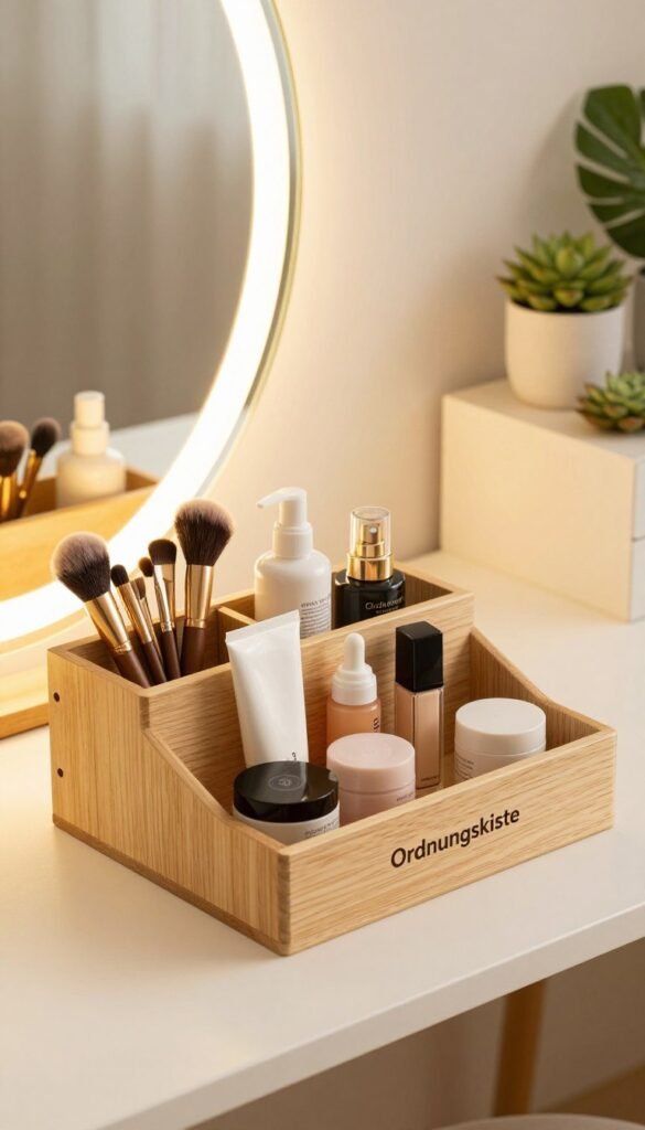 A stylish beauty storage organizer labeled "Ordnungskiste," featuring a clean, minimalistic design made from natural wood. The foreground displays neatly arranged beauty tools like brushes, skincare products, and small devices, all elegantly organized. In the middle ground, there’s a softly lit vanity table with a chic mirror reflecting the warm hues of the room. The background includes a calming palette with hints of greenery, like potted plants or succulents, enhancing the serene ambiance. The lighting is warm and inviting, creating a cozy atmosphere, reminiscent of Pinterest aesthetic. The angle is slightly overhead, providing a clear view of the organized tools without any text or distractions, capturing the essence of an effective beauty routine.