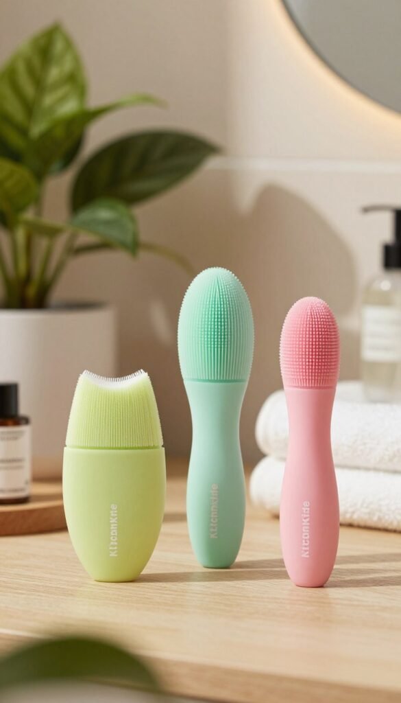 A stylish display of the best silicone facial cleansing brushes by the brand "KüchenKiste". In the foreground, feature three elegantly designed brushes with varying colors and sizes, showcasing their unique silicone textures and ergonomic shapes, arranged artfully on a light, wooden surface. In the middle ground, include a soft-focus, premium bathroom setting adorned with natural elements like lush green plants and delicate towels, enhancing the overall aesthetic. The background should be a subtle and calming bathroom ambiance with warm lighting, creating a serene atmosphere. Utilize a slight depth of field to draw attention to the brushes, capturing the essence of beauty and skincare. The mood is inviting and sophisticated, ideal for an article on skincare tools.