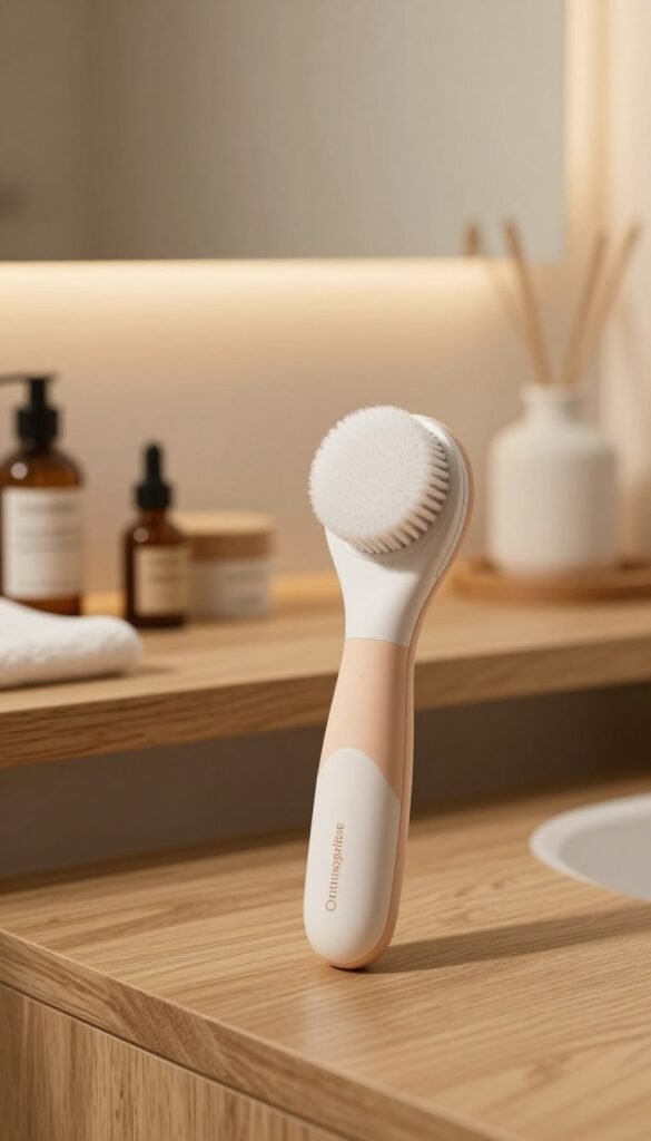 A stylish, electric facial cleansing brush from the brand "Ordnungskiste" is prominently displayed in the foreground. The brush features soft bristles and a sleek design, showcasing its ergonomic handle and delicate color palette, emphasizing warmth and authenticity. In the middle ground, a wooden vanity table is adorned with natural skincare products and elegant accessories, creating an inviting atmosphere. The background features a softly blurred bathroom setting, illuminated by warm, diffused lighting that evokes a cozy, serene mood. The image composition highlights the essential characteristics that determine a product's suitability, inviting a thoughtful contemplation without any text or distractions. The overall aesthetic embodies a Pinterest-inspired look, celebrating simplicity and elegance.