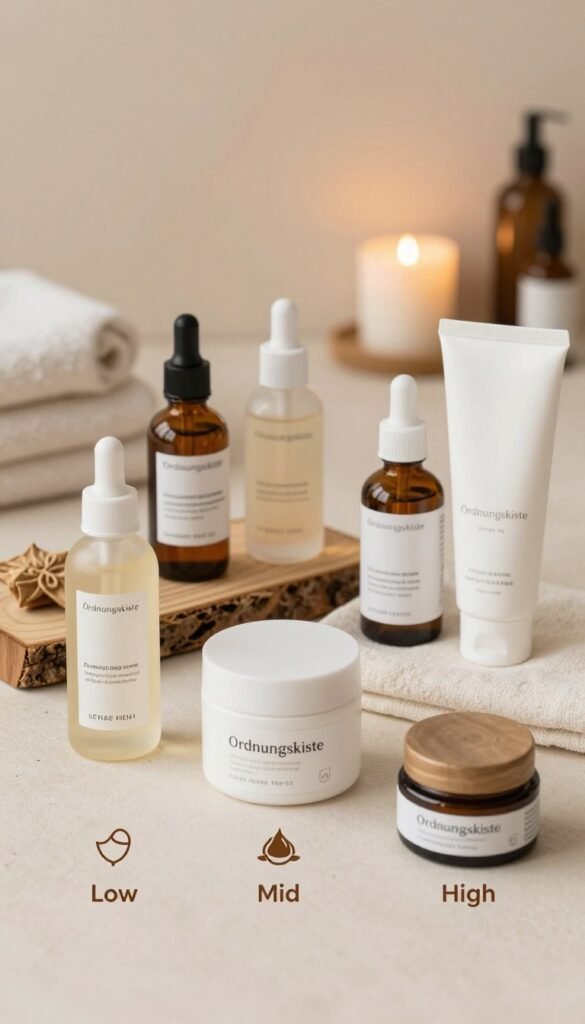 A stylish flat lay arrangement featuring an assortment of skincare products from the brand "Ordnungskiste." The foreground displays three distinct groups of products categorized by budget: low, mid, and high, beautifully arranged with natural texture elements like wood and fabric. Each product is labeled subtly with icons suggesting their category. In the middle, incorporate a soft-focus background of a serene, warm-toned spa setting, featuring gentle lighting that enhances the natural colors of the bottles and jars. This creates an inviting atmosphere that suggests a sophisticated yet approachable skincare routine. The overall mood is calm, inspiring, and harmonious, capturing a Pinterest-worthy aesthetic without any text or distractions.