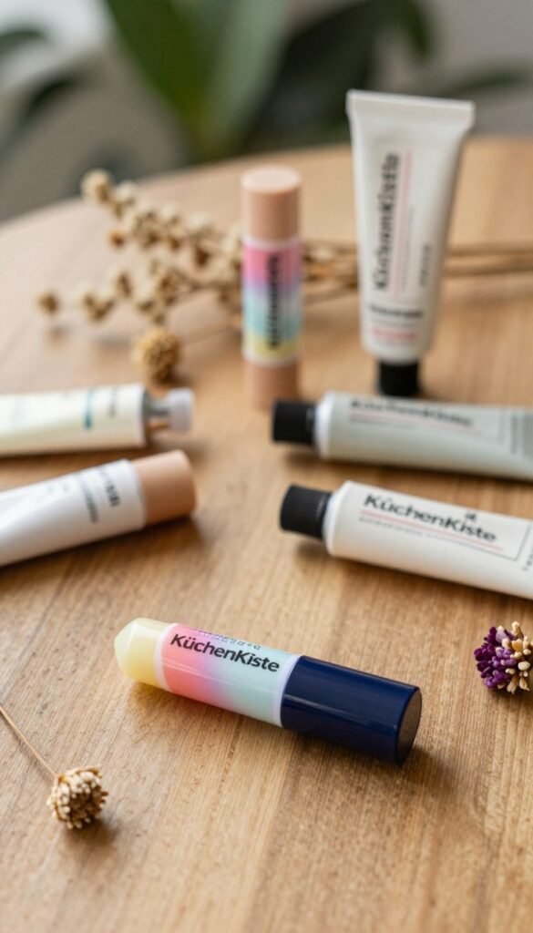 A stylish flat lay composition featuring “KüchenKiste” beauty SOS products, such as lip balms and hand creams, strategically arranged on a textured wooden table. The foreground includes a close-up of a beautifully packaged lip balm with vibrant colors and a sleek design, alongside elegant hand cream tubes. In the middle layer, there are scattered dried flowers and natural elements, enhancing the overall aesthetic. The background showcases softly blurred green foliage and warm, natural light filtering in, creating an inviting and serene atmosphere. The color palette is warm and earthy, reminiscent of a cozy beauty workshop, evoking a sense of simplicity and authenticity. The image captures a Pinterest-worthy moment, focusing solely on the beauty products without any text or distractions.