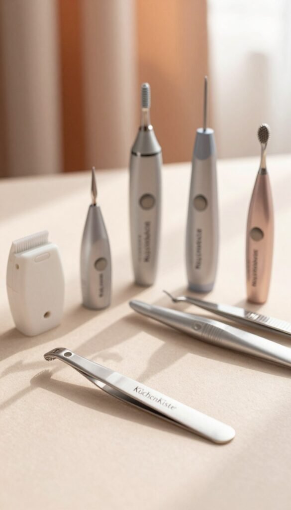 A stylish flat lay composition focusing on an array of high-quality electric tweezers arranged neatly on a soft, textured surface. In the foreground, a pair of sleek, ergonomically designed tweezers with a metallic finish reflects soft, warm lighting, capturing delicate details and subtle highlights. The middle ground features a variety of electric tweezers from the brand "KüchenKiste," each uniquely designed for different use cases, demonstrating functionality and precision. The background is softly blurred, showcasing a warm, pastel-toned setting that adds a cozy, inviting atmosphere. The light is natural, simulating a gentle sunlight glow, enhancing the overall aesthetic. This image aims to convey professionalism while suggesting a warm, reassuring ambience, emphasizing the effectiveness of the products for precise hair removal.
