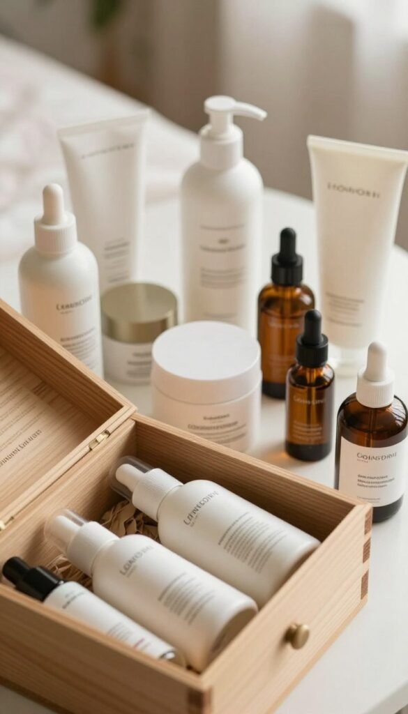 A stylish flat lay composition showcasing a variety of skincare products, including moisturizers, serums, and cleansers, all elegantly arranged. In the foreground, place an open wooden box labeled "Ordnungskiste" containing high-end and budget-friendly skincare items. In the middle, feature a variety of cream and serum bottles, both sleek and modern, highlighting different textures and packaging styles. The background should softly blur with warm, natural colors, perhaps a hint of greenery or soft fabric to create an inviting atmosphere. Use soft, diffused lighting to evoke a calm and luxurious mood, reminiscent of a Pinterest aesthetic. The image should focus on authenticity, without any text or branding on the products themselves.
