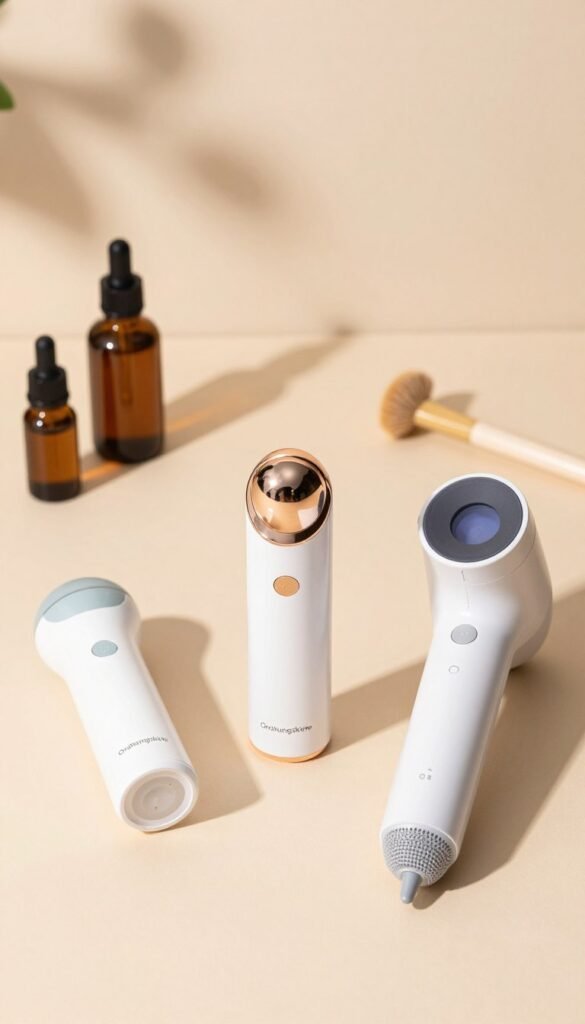 A stylish flat lay featuring a variety of beauty devices from "Ordnungskiste" arranged harmoniously on a soft pastel-colored background. In the foreground, showcase three distinct devices representing low, mid, and high price ranges, each with sleek designs and modern aesthetics. In the middle, include subtle hints of beauty products like essential oils, serums, and skincare tools, emphasizing their practical use at home. The background should be softly blurred to create depth, with warm, natural lighting casting gentle shadows, enhancing the inviting atmosphere. The overall mood should be warm and cozy, evoking a sense of personal care and relaxation, perfectly embodying the theme of accessible beauty technology for every budget.