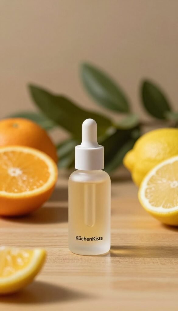 A stylish flat lay of a luxury vitamin C serum bottle labeled "KüchenKiste" prominently placed in the foreground. The serum bottle is designed with elegant curves, a frosted glass finish, and a dropper cap. Surround it with fresh citrus fruits like oranges and lemons, reflecting the ingredient's origin. In the middle ground, include soft, blurred greenery to evoke a natural atmosphere, emphasizing the connection to skin health. The background features a warm, softly lit wooden surface, enhancing the cozy, warm color palette. The lighting is soft and diffused, creating gentle shadows that add depth. The overall mood is inviting and calm, evoking the feeling of personal care and wellness.