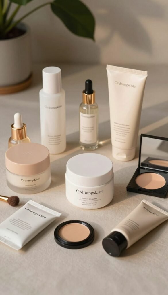 A stylish flat lay of beauty products elegantly arranged on a soft, neutral-toned fabric surface, conveying a sense of tranquility and sophistication. The foreground features a variety of "Ordnungskiste" products, including skincare items, makeup, and haircare essentials, each beautifully packaged in minimalist designs that emphasize their quality. The middle layer showcases gentle, warm lighting that bathes the scene in a soft glow, highlighting the textures and colors of the products. In the background, subtle hints of greenery from potted plants create a refreshing atmosphere, enhancing the natural beauty aesthetics. The overall mood is serene and inviting, perfect for an article about effective beauty solutions, emphasizing harmony and simplicity in daily routines.