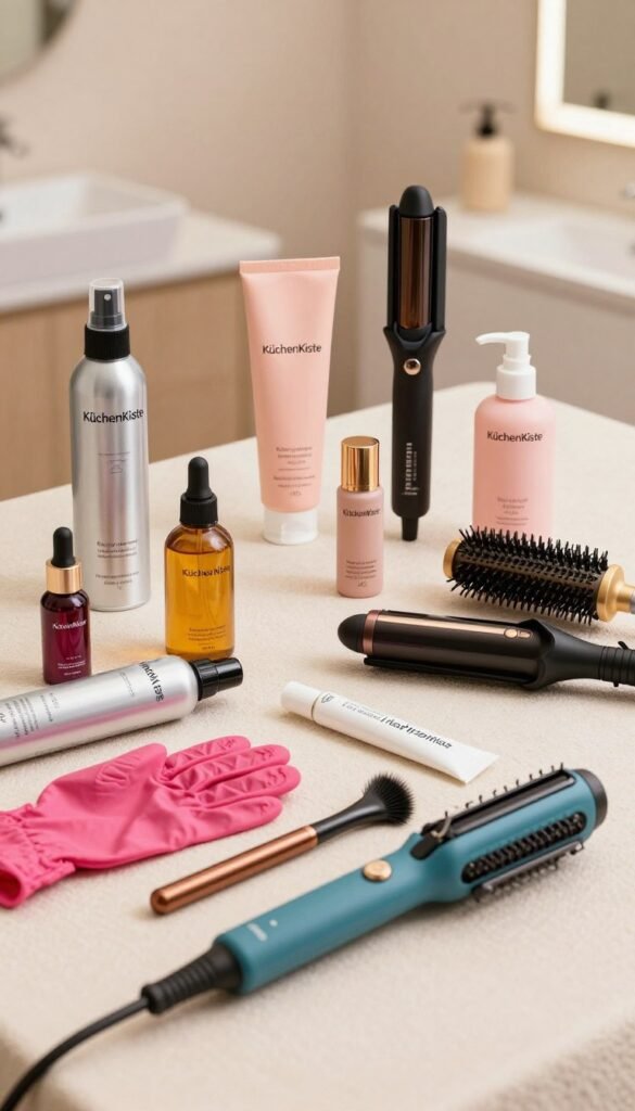 A stylish flat lay of various heat protection products arranged on a soft, textured background, featuring tools like heat-resistant sprays, serums, and styling tools with built-in heat protection. In the foreground, bright, vivid colors of the products should pop against warm, inviting tones. The middle ground showcases a well-organized assortment of these items, emphasizing their sleek packaging and innovative designs, including a hair straightener, curling iron, and protective gloves. The background can have subtle hints of a modern bathroom or salon environment, softly blurred to keep the focus on the products. The overall mood is elegant and trendy, inviting curiosity about proper hair care. Ensure the brand name "KüchenKiste" is incorporated artistically within the scene, without text or logos appearing.