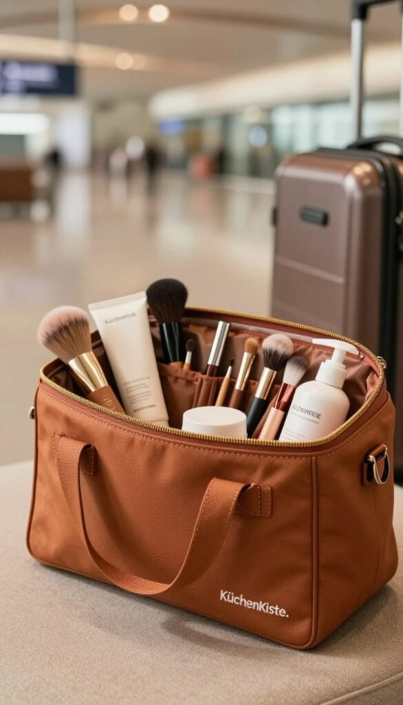 A stylish hand luggage bag, the "KüchenKiste," is placed prominently in the foreground. The bag is a rich, warm-toned canvas with elegant stitching and a minimalist design, showcasing its spacious interior filled with neatly organized beauty tools such as travel-sized skincare products, compact brushes, and versatile makeup items. In the middle ground, a soft, textured surface complements the bag, enhancing its aesthetic appeal. In the background, a softly blurred airport environment hints at travel, with warm lighting creating an inviting atmosphere. The shot is taken from a slightly elevated angle, focusing on the bag and its contents, showcasing the practicality and style of travel-friendly beauty tools. The overall mood is warm and inviting, embodying a Pinterest-worthy aesthetic that emphasizes organization and efficiency.