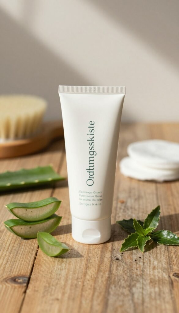 A stylish, low-budget yet high-end pore cleanser from the brand "Ordnungskiste" prominently displayed on a rustic wooden table. In the foreground, the cleanser is showcased in an elegant, minimalist packaging, surrounded by natural skincare ingredients like aloe vera and green tea leaves, hinting at its organic formulation. The middle ground features soft, diffused natural light, casting gentle shadows that add depth and warmth to the scene, creating an inviting atmosphere. In the background, blurred spa accessories like a facial brush and cotton pads are subtly arranged, evoking a sense of wellness and self-care. The overall mood is serene and authentic, with a Pinterest-inspired aesthetic, emphasizing the product’s appeal for everyday use.