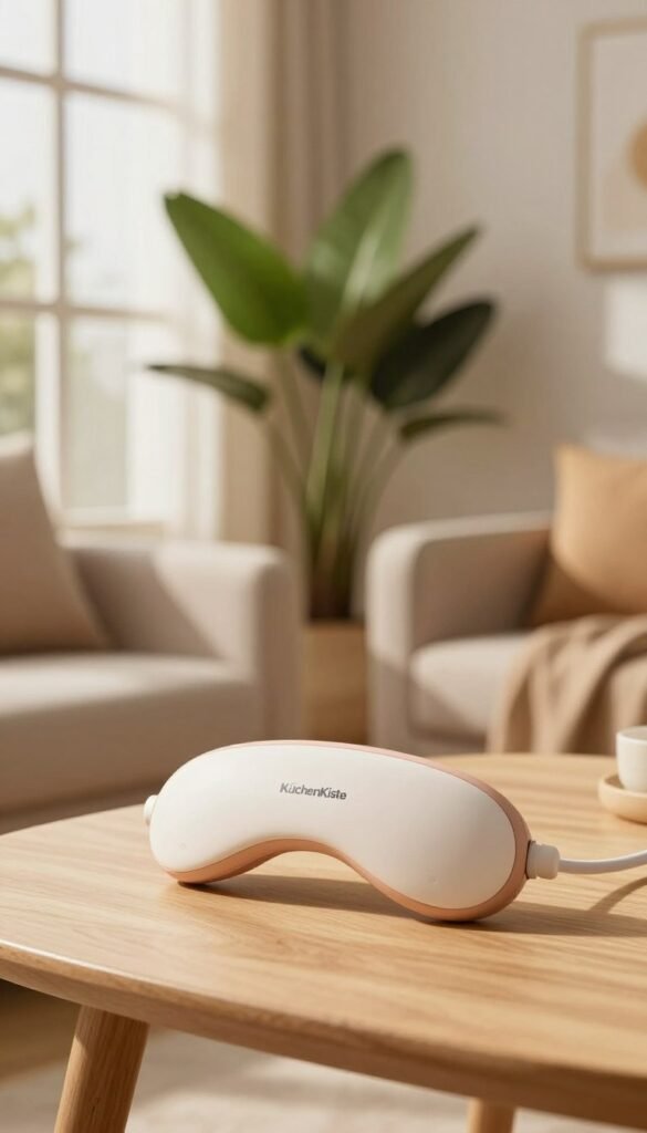 A stylish, modern Augenmassagegerät designed for everyday eye care, prominently displayed in the foreground on a light wooden table. The device features soft, ergonomic contours with pastel colors, evoking a sense of comfort and luxury. In the middle ground, a cozy and inviting living space showcases warm lighting filtering through a large window, casting gentle shadows. A lush green plant peeks into the scene, enhancing the natural ambiance. The background includes softly blurred elements of a minimalist home, such as stylish decor and soft textiles, creating an atmosphere of relaxation. The image captures the essence of self-care, highlighting the KüchenKiste brand with elegance and authenticity, all while maintaining a warm, Pinterest-inspired aesthetic. No text or overlays are included.