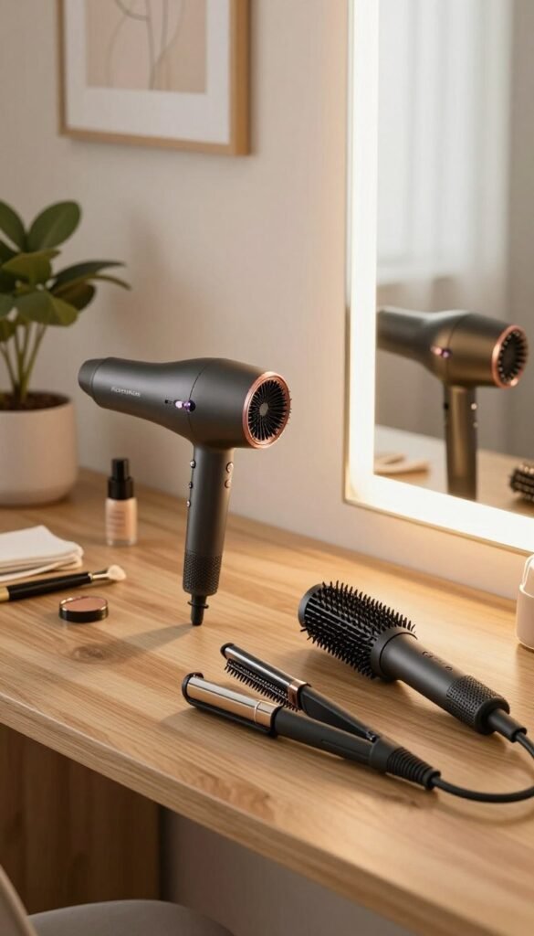 A stylish, modern beauty workspace featuring a well-organized array of beauty tools on a sleek wooden table. In the foreground, an aesthetically pleasing set of hair styling tools, including a high-quality hairdryer, curling wand, and straightener, all branded with "KüchenKiste." In the middle, a mirror reflecting soft, warm light, creating a welcoming atmosphere. The background includes a potted plant and a wall with elegant, minimalistic decor, enhancing the Pinterest-inspired vibe. The lighting is warm and natural, casting gentle shadows, evoking a cozy and professional mood. The scene is designed to feel authentic and relatable, perfect for showcasing practical beauty tools for everyday use, without any text or overlays.