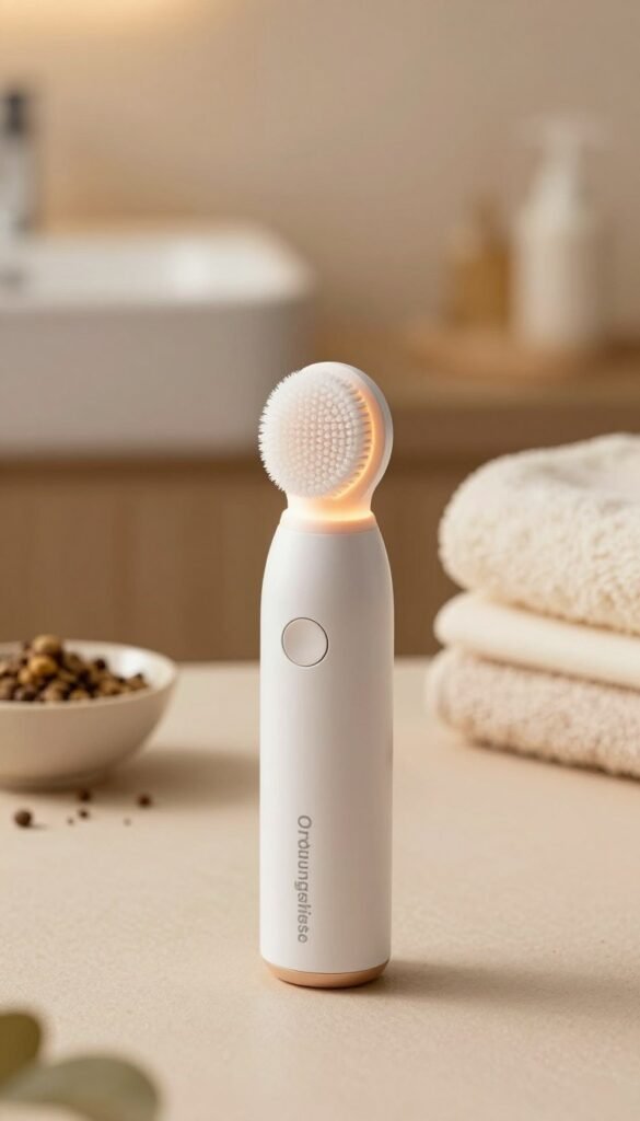 A stylish, modern electric facial cleansing brush by the brand "Ordnungskiste" is centrally placed in the foreground, showcasing its sleek design and gentle bristles. The brush is presented on a soft, natural-toned surface that enhances its warm colors. In the middle ground, there are delicate spa elements like a small bowl with natural ingredients and a stack of plush towels, creating a serene atmosphere. The background features a softly blurred bathroom setting with warm lighting, hinting at relaxation and self-care. A gentle glow highlights the brush, emphasizing its functionality and effectiveness. The overall mood is peaceful and inviting, reflecting a commitment to gentle skincare without any text or distractions.