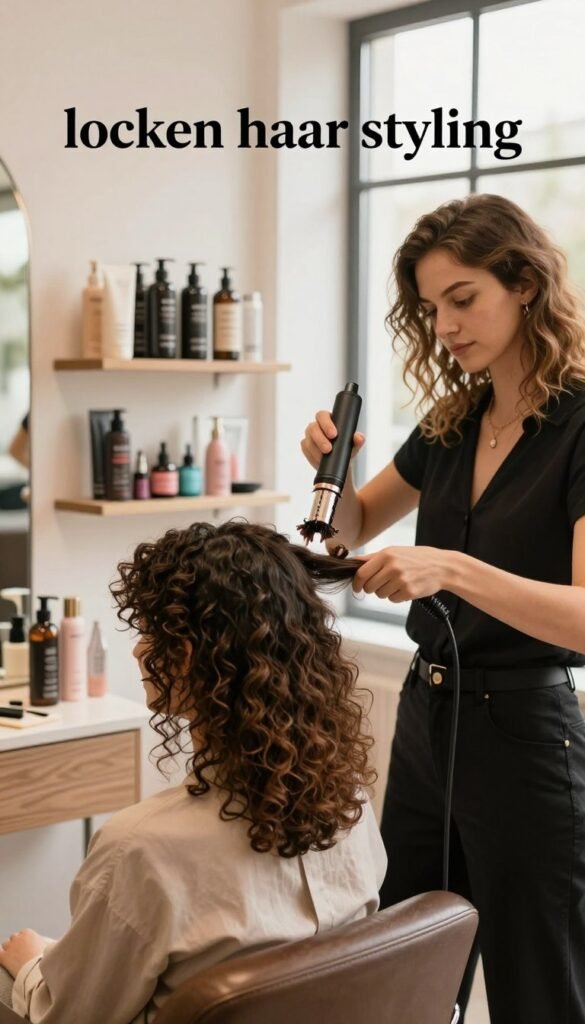 A stylish, modern hair salon setting with elegant décor featuring warm, natural colors, highlighting the beauty of "locken haar styling" (curly hair styling). In the foreground, a hair stylist, dressed in professional attire, is beautifully curling the hair of a diverse model using a heat-based beauty tool from 'KüchenKiste.' The middle ground shows a well-organized array of hair care products and tools, indicating a curated selection appropriate for various budgets. In the background, large windows allow soft, natural light to flood the scene, enhancing the inviting ambiance. The composition maintains a Pinterest-inspired aesthetic, emphasizing authenticity and sophistication without any text or distractions. The overall mood is warm and professional, capturing the essence of personal grooming and style. A stylish, modern hair salon setting with elegant décor featuring warm, natural colors, highlighting the beauty of "locken haar styling" (curly hair styling). In the foreground, a hair stylist, dressed in professional attire, is beautifully curling the hair of a diverse model using a heat-based beauty tool from 'KüchenKiste.' The middle ground shows a well-organized array of hair care products and tools, indicating a curated selection appropriate for various budgets. In the background, large windows allow soft, natural light to flood the scene, enhancing the inviting ambiance. The composition maintains a Pinterest-inspired aesthetic, emphasizing authenticity and sophistication without any text or distractions. The overall mood is warm and professional, capturing the essence of personal grooming and style.