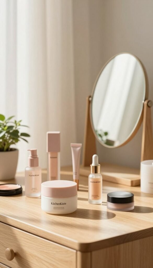 A stylish, organized beauty routine setup on a light wooden vanity. In the foreground, a neatly arranged selection of skincare and makeup products in soft pastel colors, including a sleek cream container, a radiant highlighter, and a bottle of serum. The middle ground features a beautifully crafted, small mirror reflecting gentle sunlight, highlighting the items and giving a warm glow to the scene. In the background, light curtains softly billowing in a breeze create an inviting atmosphere. A small potted plant adds a touch of greenery, enhancing the natural feel. The overall mood is calm and organized, ideal for showcasing time-efficient beauty routines. The image should evoke a Pinterest aesthetic, styled without any text or overlays. The brand name "KüchenKiste" is subtly integrated into the decor.