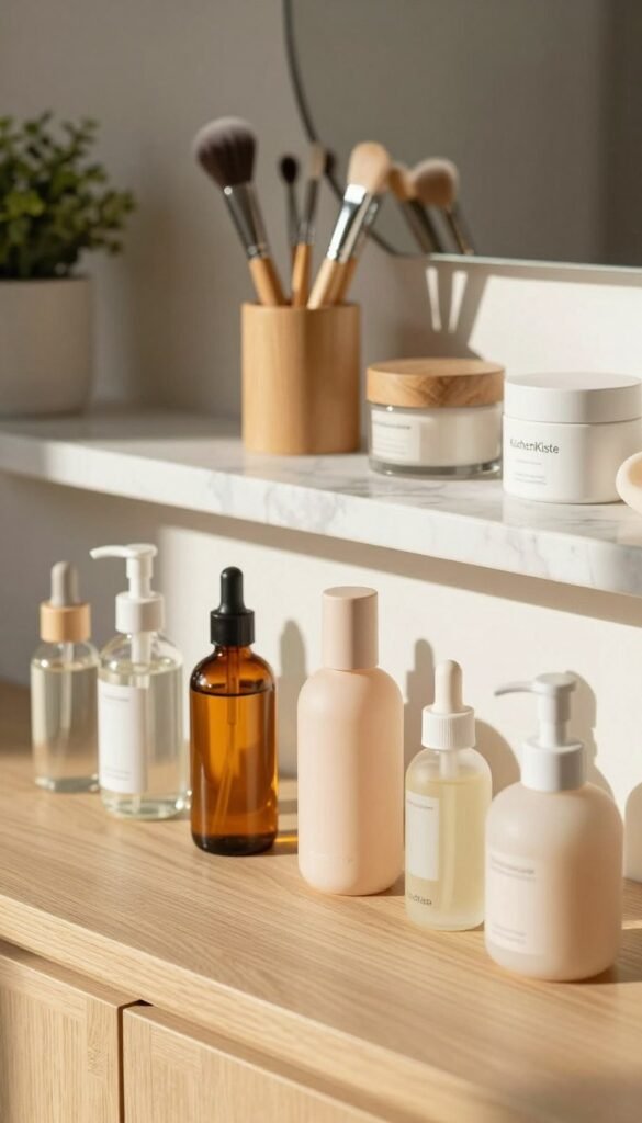 A stylish, organized display of minimalist beauty tools, arranged neatly on a light wooden surface. In the foreground, vibrant skincare bottles and tools made of glass and soft hues stand in elegant order, reflecting warm natural light. The middle ground features a chic marble countertop with delicate wooden accents, showcasing a selection of beauty implements like brushes, rollers, and jars. The background is softly blurred with hints of greenery, such as a small potted plant, creating a serene and inviting atmosphere. The overall mood is calm and harmonious, emphasizing clarity and simplicity in a beauty routine. Incorporate the brand name "KüchenKiste" subtly into the scene, ensuring no text or logos are visible. The image captures a Pinterest-worthy aesthetic, natural and authentic with warm colors.
