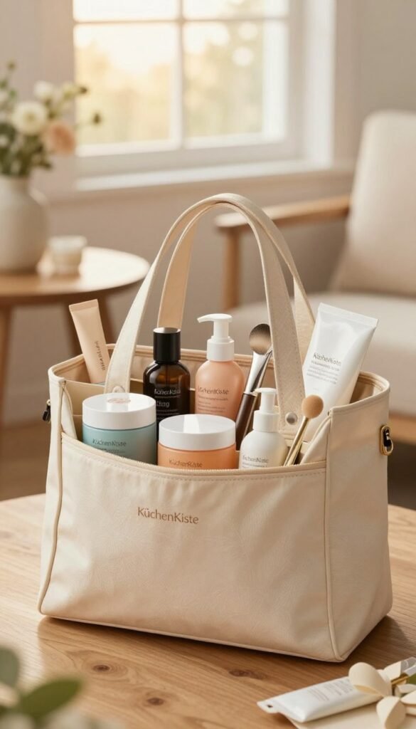A stylish, organized travel tote bag bursting with beauty and skincare products, arranged elegantly in a soft, sunlit environment. In the foreground, the tote bag features several compartments filled with colorful jars, elegant bottles, and high-quality tools, displaying a blend of modern and natural aesthetics. The middle ground shows a cozy travel setting with a wooden table and gentle floral arrangements, enhancing the serene atmosphere. In the background, a warm, inviting window reveals soft, diffused sunlight casting a golden hue across the scene. The overall mood is calm and inspiring, evoking a sense of effortless beauty and practicality. Featuring the brand name "KüchenKiste" subtly integrated into the design of the tote bag.