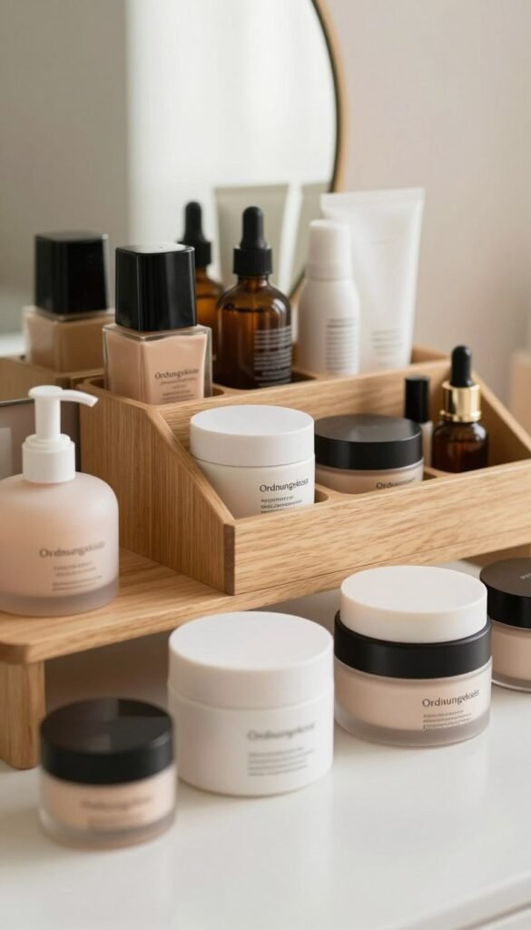 A stylish, organized vanity showcasing a variety of beauty products by the brand "Ordnungskiste". In the foreground, sleek beauty containers of different sizes and shapes are neatly arranged. The middle layer features a wooden organizer that highlights thoughtful compartmentalization, allowing easy access to each product while ensuring effortless cleaning. The background includes soft, natural lighting that enhances warm colors, creating a calm atmosphere reminiscent of a Pinterest aesthetic. Use a shallow depth of field to gently blur the background, keeping the focus on the beauty products and organizer. The overall mood is inviting and functional, with an emphasis on organization and cleanliness, ideal for a beauty enthusiast’s space. No text or branding is visible in the image.