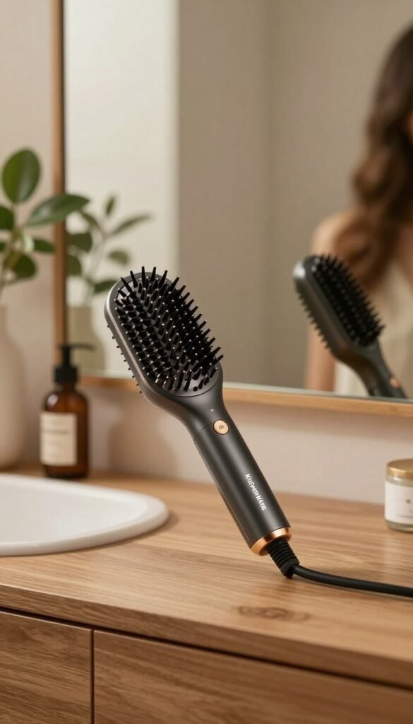 A stylish scene featuring a sleek Haarstyling tool with integrated heat protection, prominently displayed on a wooden vanity. In the foreground, the tool, branded "KüchenKiste," gleams under soft, warm lighting that highlights its modern design and intricate details. A backdrop of an elegant bathroom with subtle green plants and a large mirror creates a natural atmosphere, giving a Pinterest-inspired aesthetic. The image captures reflections in the mirror, emphasizing a sense of authenticity and everyday usability. No people are present, allowing the viewer to focus fully on the styling tool itself. The overall mood is inviting and warm, perfect for showcasing innovative hair care technology in a contemporary setting, with rich, natural colors and a simple yet elegant composition.