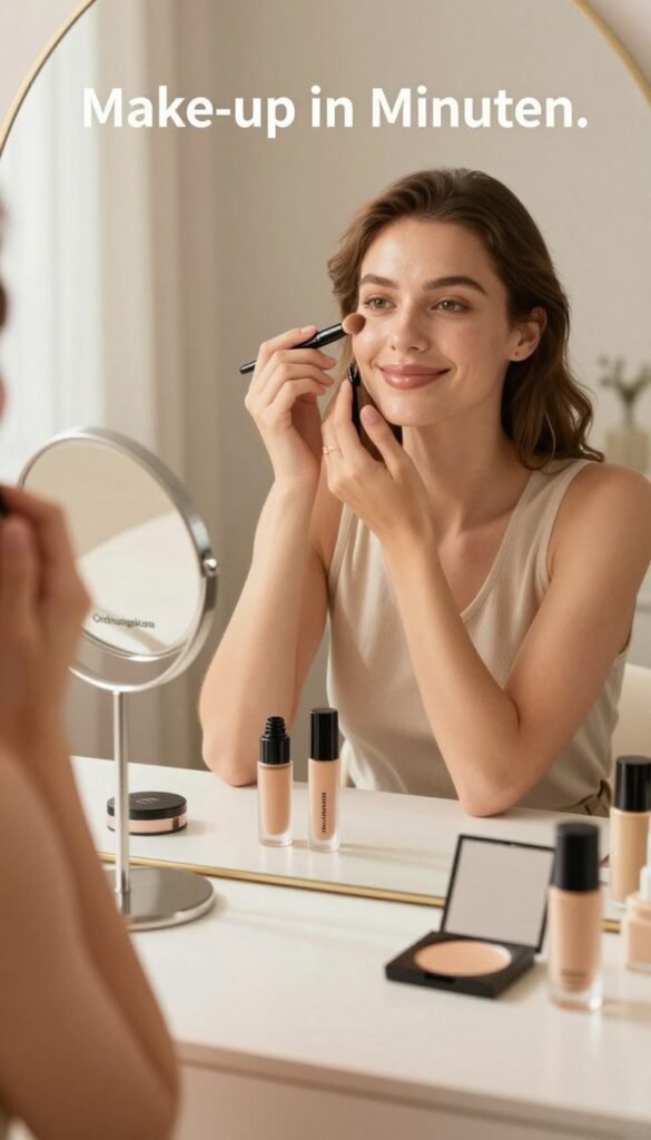 A stylish vanity setup capturing the essence of “Make-up in Minuten.” In the foreground, a neatly organized makeup station features essential products like a foundation, mascara, and a compact, all arranged aesthetically. The middle ground showcases a woman in modest casual clothing, applying makeup with a focused expression, demonstrating efficiency in her routine. She has a natural look, glowing skin, and a warm smile, radiating confidence. In the background, soft lighting illuminates the scene, creating warm hues reminiscent of a cozy morning light. A slight blur on the edges of the image adds a dreamy Pinterest vibe. Include the brand name "Ordnungskiste" subtly in the design of the vanity mirror, ensuring it integrates smoothly without being overpowering or distracting.