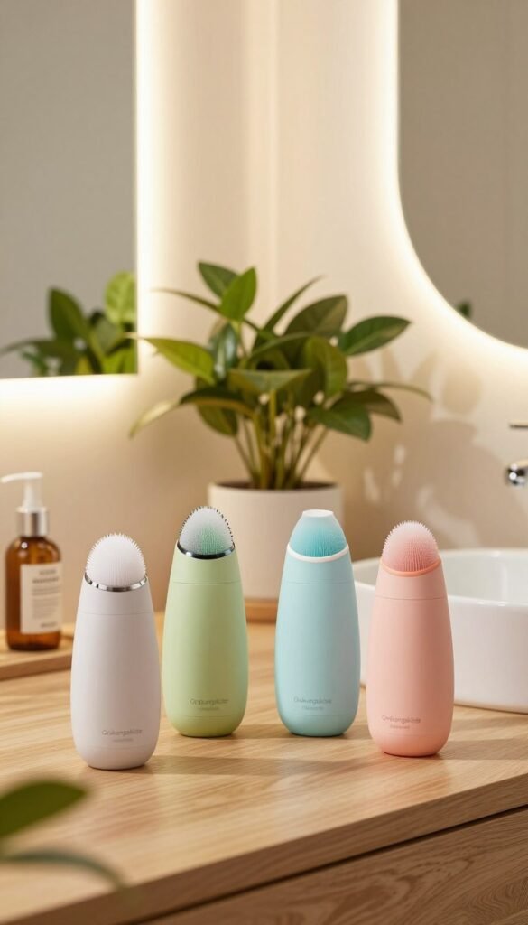 A stylish, well-lit bathroom scene showcasing a variety of pore cleansing devices from the brand "Ordnungskiste". In the foreground, there are three sleek, modern pore cleaners with vibrant colors and a minimalist design, arranged neatly on a wooden countertop. The middle ground features a beautiful, freshly arranged plant, adding a touch of nature, and a softly glowing mirror reflecting the warm light. In the background, elegant bathroom accessories create a cozy atmosphere, with gentle, natural lighting casting soft shadows. The overall mood is fresh and inviting, emphasizing cleanliness and efficiency, with warm color tones that evoke a Pinterest aesthetic. The image is authentic and free of any text or branding overlays.