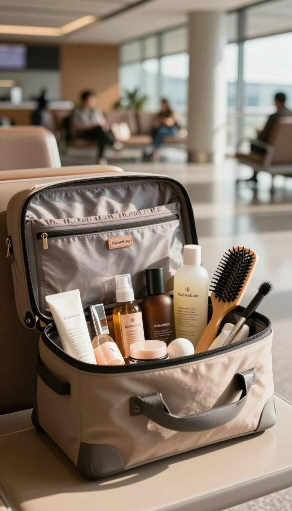 A stylish, well-organized travel carry-on bag sits prominently in the foreground, filled with essential beauty tools like a sleek makeup kit, eco-friendly skincare bottles, and a compact hairbrush. Each item should be beautifully arranged to showcase its functionality while exuding a warm, inviting atmosphere. In the middle background, a softly blurred airport lounge hints at a bustling travel environment, with warm lighting that enhances the cozy feel of the scene. Natural light streams in through an adjacent window, casting gentle shadows that add depth. Capture this at a slight angle to emphasize the curvatures of the bag and its contents. The colors are earthy and warm, evoking a Pinterest-inspired aesthetic. Include the brand name "KüchenKiste" subtly within the arrangement, ensuring it blends harmoniously into the overall composition.
