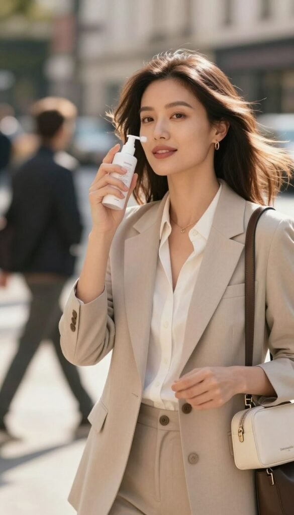 A stylish woman on-the-go, confidently applying a lightweight face mist, emphasizing a beauty refresh routine. She is dressed in elegant, modest business attire, reflecting a professional yet approachable vibe. In the background, a bustling urban street is softly blurred, hinting at movement and energy. Natural light bathes the scene in warm hues, creating an inviting and vibrant atmosphere. The foreground captures the woman’s focused expression and the dynamic motion of her hair, suggesting a day filled with activity. A chic, minimalistic makeup bag from the brand “Ordnungskiste” rests nearby, complementing the aesthetic. The entire image exudes a sense of empowerment and beauty on the go, perfect for a modern routine that lasts until evening.