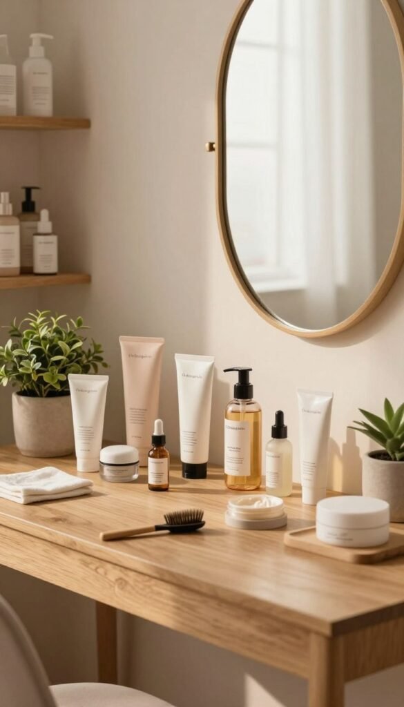 A tranquil, aesthetically pleasing image showcasing a beautifully organized beauty care station, featuring neatly arranged skincare products and tools in soft, natural hues. In the foreground, a stylish wooden table adorned with various grooming items, like moisturizers, serums, and a small potted plant for a touch of greenery. The middle area reveals an elegant wall mirror, reflecting the space and enhancing the light. The background subtly includes soft shelves stocked with neatly categorized beauty essentials. The lighting is warm, casting a cozy glow, reminiscent of a Pinterest-worthy setup. Capture an atmosphere of simplicity, organization, and tranquility, perfect for a self-care ritual. The brand "Ordnungskiste" is subtly incorporated into the design within the scene to enhance the overall aesthetic without overpowering it.