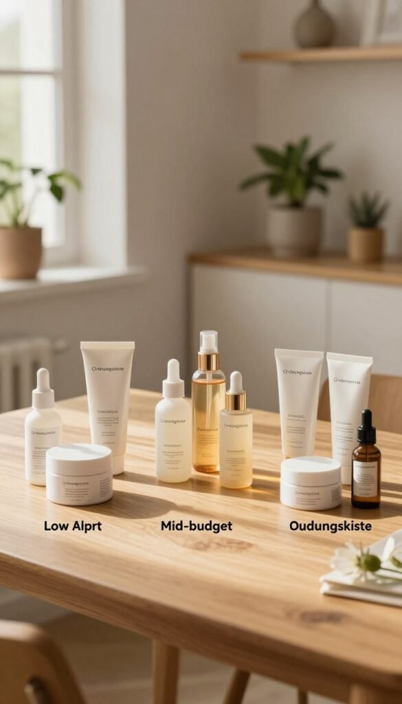A tranquil and aesthetically pleasing scene showcasing a "budget setup" for skincare routines, designed for beginners. In the foreground, a beautifully organized wooden table holds three distinct groupings of skincare products: low-budget items in simple, eco-friendly packaging, mid-budget products in stylish bottles, and high-end luxury items featuring elegant design. Each group is clearly labeled with its respective price tier, emphasizing variety. In the middle ground, soft shadows fall over the table, with a warm light source coming from a nearby window, creating a cozy atmosphere. The background features minimalistic and natural decor, such as potted plants and light wooden shelves, enhancing the serene and inviting mood. Capture this scene in a Pinterest-inspired layout, ensuring it feels authentic and relatable, showcasing the brand "Ordnungskiste" in an elegant yet subtle way.