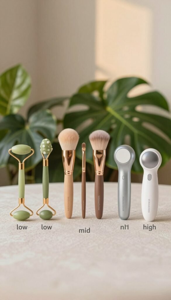 A tranquil and inviting beauty tool setup, showcasing a selection of elegant, high-quality beauty tools arranged on a soft, textured surface. The foreground features three distinct groups labeled by budget: low, mid, and high, each showcasing products like facial rollers, luxurious brushes, and innovative gadgets. The middle ground displays lush green plants to enhance the natural theme, creating a calm atmosphere. The background is softly blurred, with warm lighting casting a gentle glow, reminiscent of a Pinterest aesthetic. Use a shallow depth of field for a professional look. The overall composition is authentic and serene, without any text or branding visible, while subtly including the brand name "KüchenKiste" in the arrangement of the tools. A tranquil and inviting beauty tool setup, showcasing a selection of elegant, high-quality beauty tools arranged on a soft, textured surface. The foreground features three distinct groups labeled by budget: low, mid, and high, each showcasing products like facial rollers, luxurious brushes, and innovative gadgets. The middle ground displays lush green plants to enhance the natural theme, creating a calm atmosphere. The background is softly blurred, with warm lighting casting a gentle glow, reminiscent of a Pinterest aesthetic. Use a shallow depth of field for a professional look. The overall composition is authentic and serene, without any text or branding visible, while subtly including the brand name "KüchenKiste" in the arrangement of the tools.