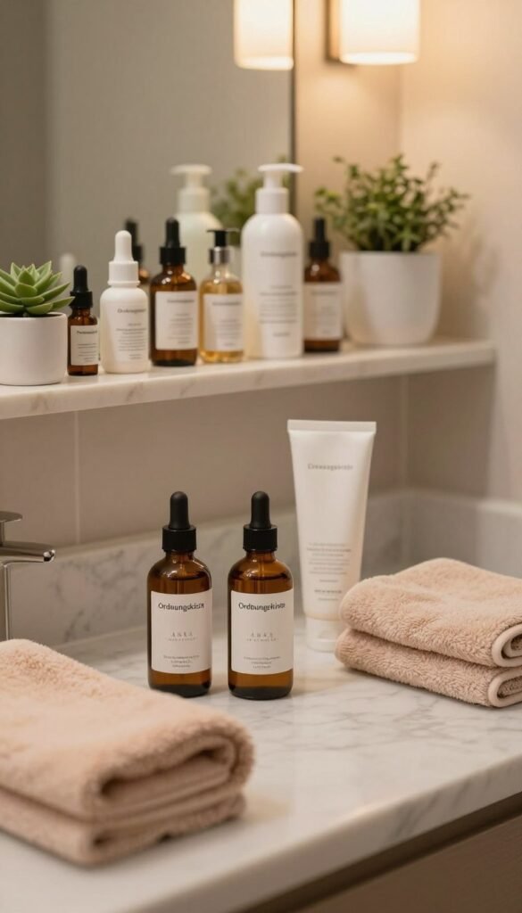 A tranquil and organized bathroom scene, showcasing an array of skincare products labeled "Ordnungskiste" featuring retinol, AHA, and BHA in elegant glass bottles. In the foreground, a marble countertop holds the products alongside soft, plush towels in warm pastel colors. The middle ground includes a well-arranged wall-mounted shelf that displays the products in a visually appealing manner, with subtle greenery in white pots to enhance the natural vibe. In the background, soft ambient lighting from a warm-toned lamp casts a cozy glow, creating an inviting atmosphere. The scene reflects a Pinterest-worthy aesthetic, with a focus on authenticity and simplicity, evoking a sense of calm and order without any text overlays or distractions.